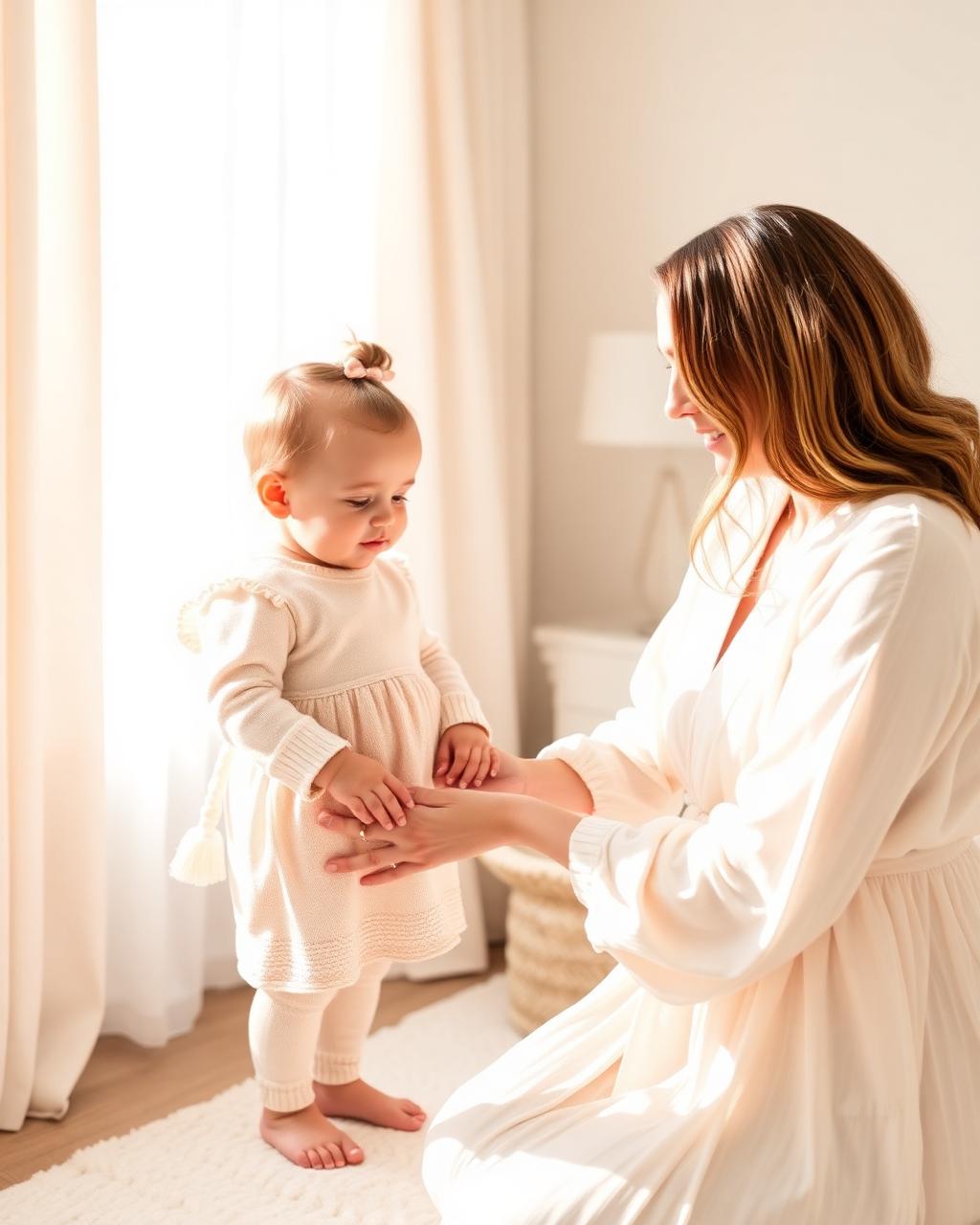 A mother holding her baby daughter's hands in a sunlit nursery