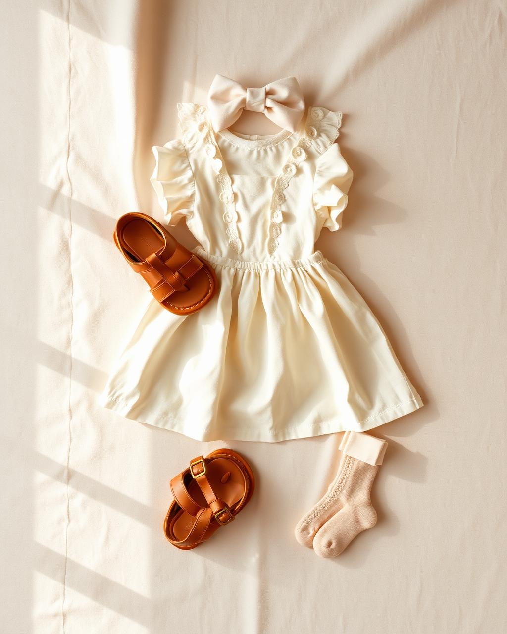 A complete Valevi outfit with ivory dress, sandals, bow and socks