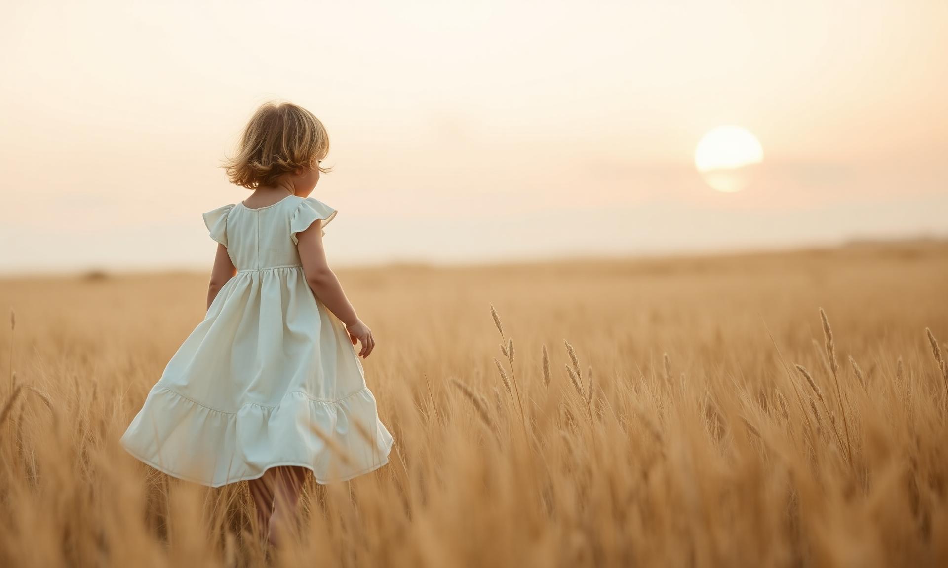 A little girl in an ivory linen dress walking through golden grass at sunset