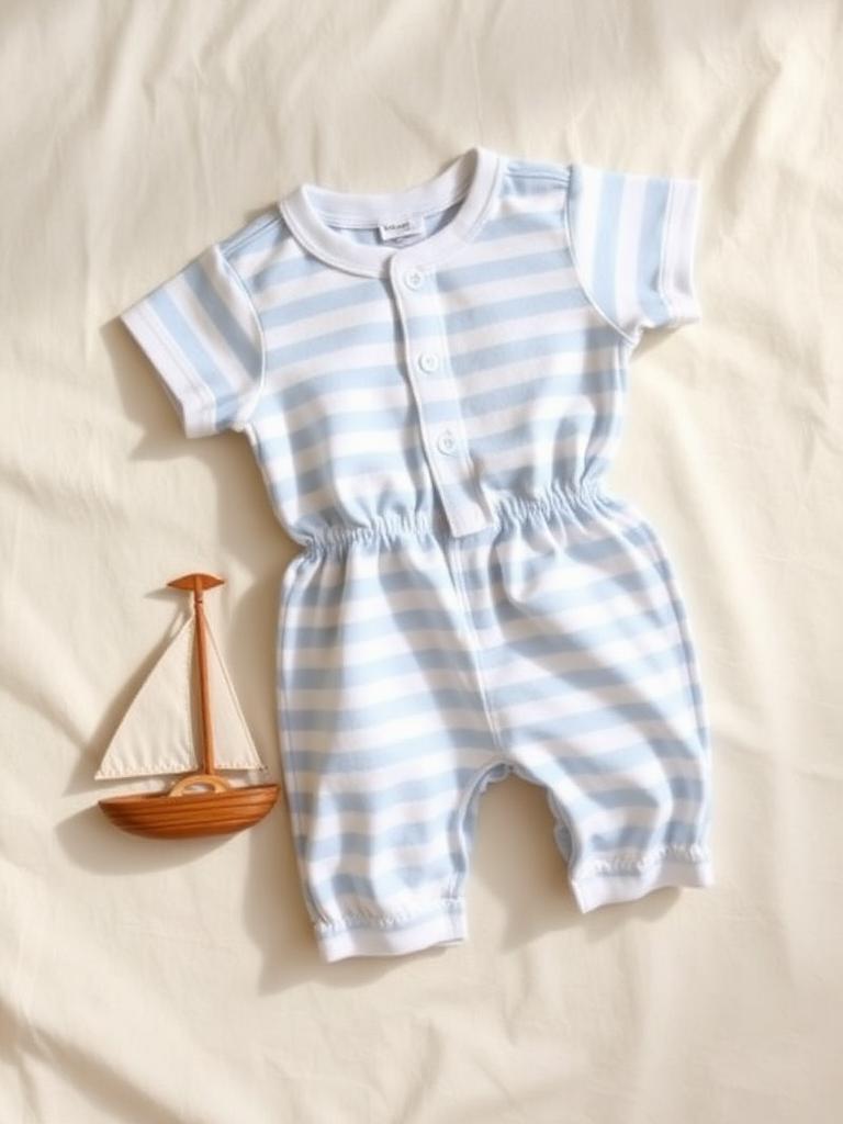 Leo striped romper with wooden sailboat