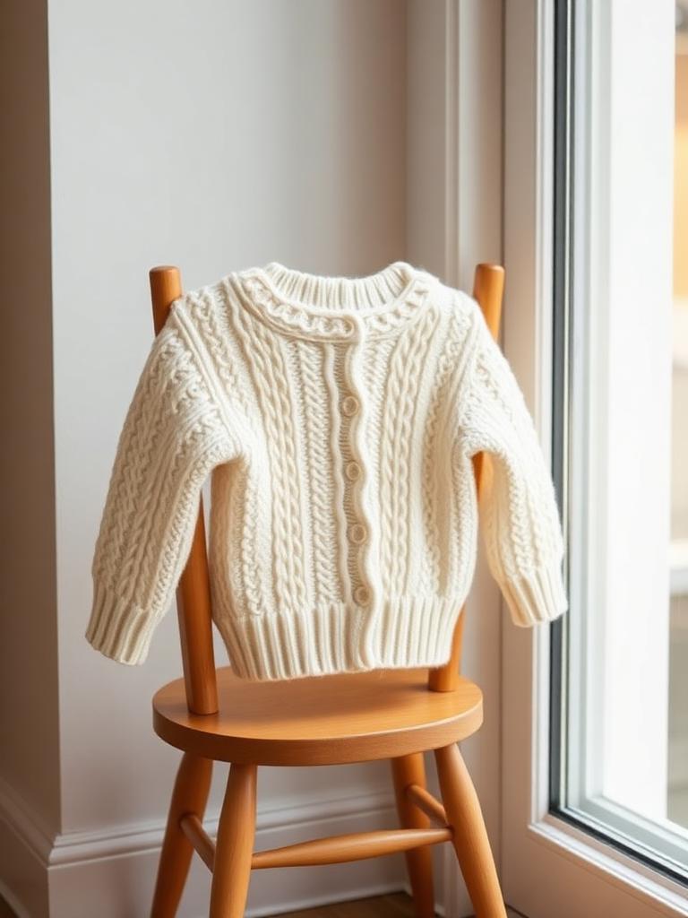 Noa cardigan on a wooden chair