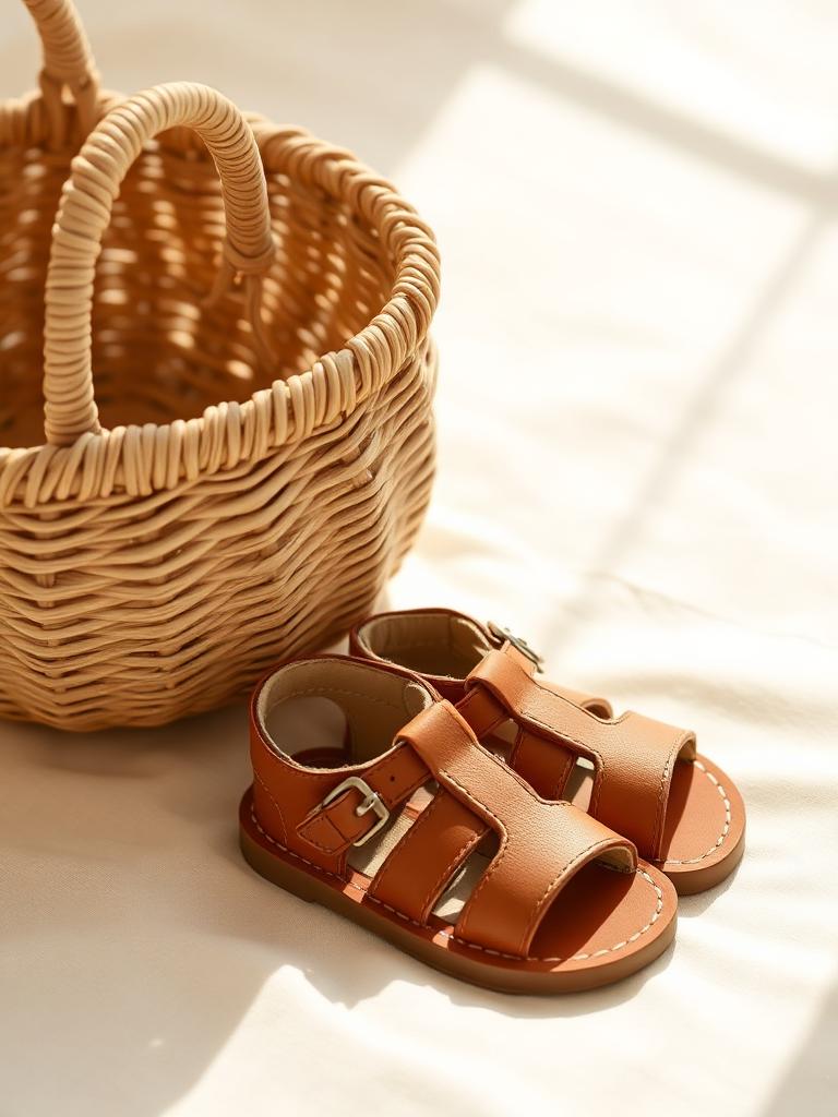 Theo sandals beside a woven basket